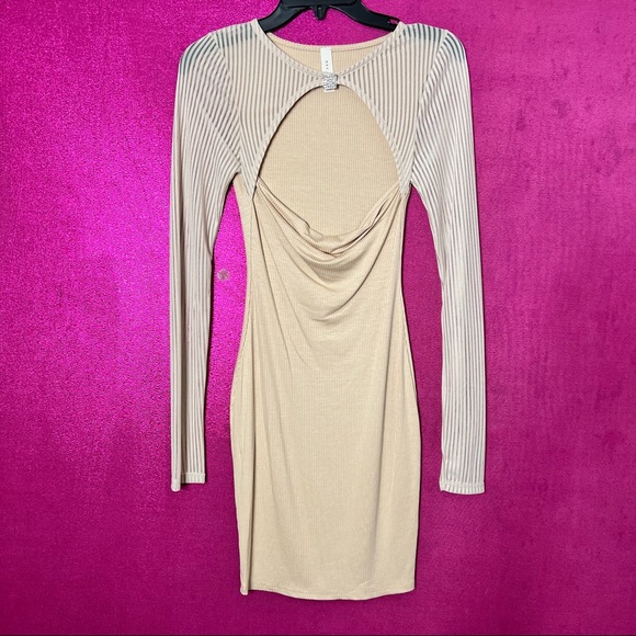 SOLD/Nude Mesh Sleeve Detail Dress with Diamond Brooch Ribbed Bodycon Dress - Picture 11 of 16